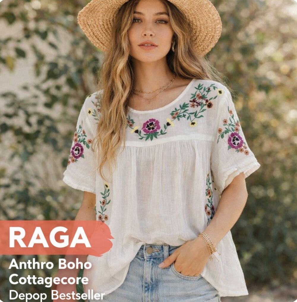 NWT RAGA Embroidered Boho Peasant Top White Floral Gauze Anthropologie Style S